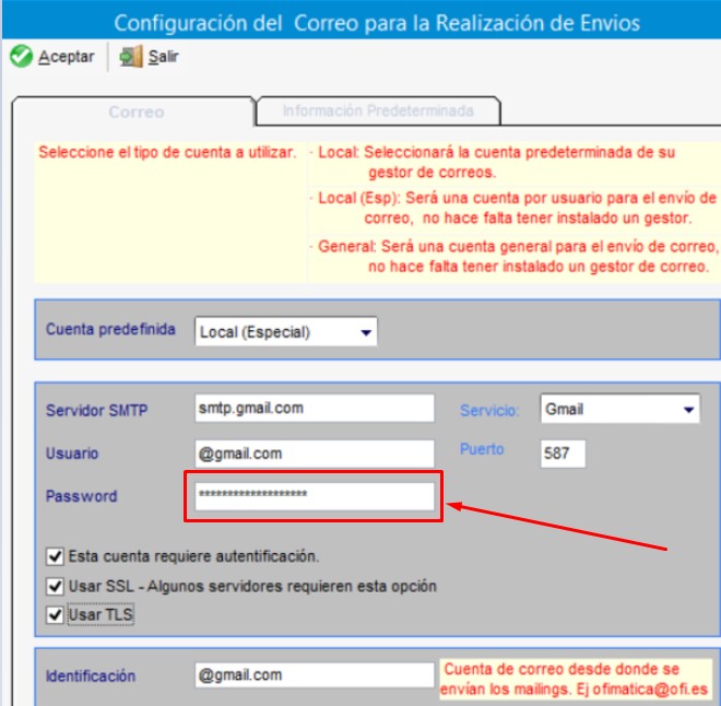 Configuración cuenta envío en Ofi